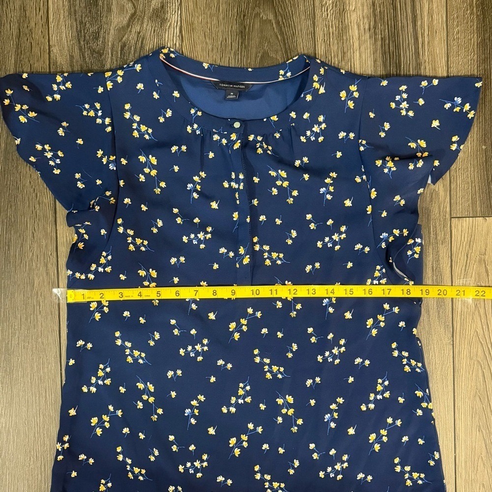 Tommy Hilfiger Floral Flutter Sleeve Ruffle Hem Shift Dress Navy Blue M Preppy - Picture 9 of 16